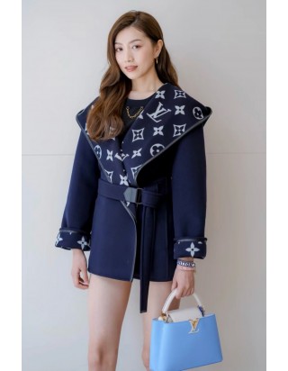 루이비통 로고 더블 브레스티드 코트 네이비